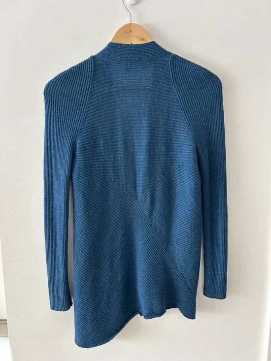 EILEEN FISHER Blue Ribbed Open-Front Cardigan | Soft Wool | Small - Picture 3 of 4